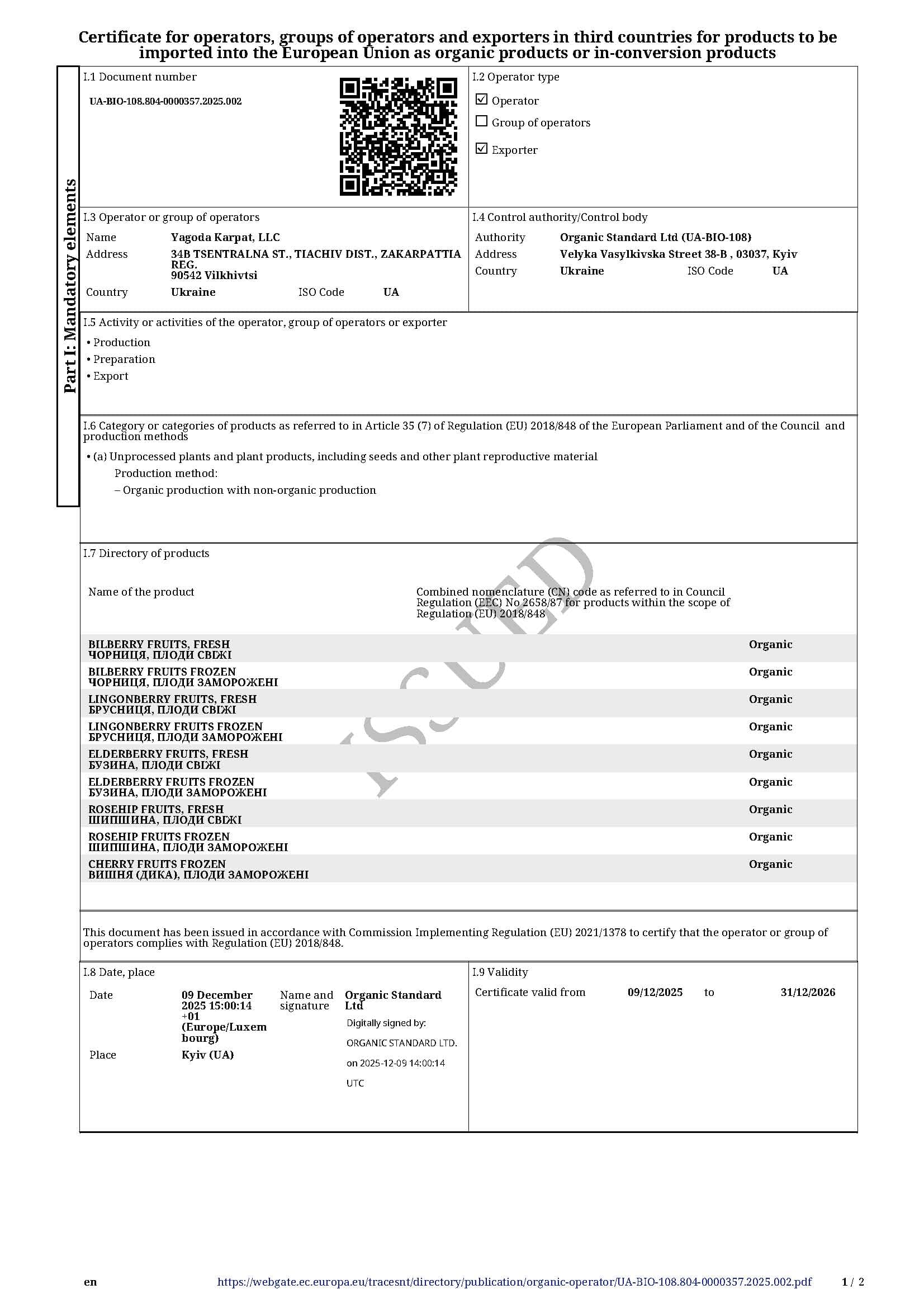 Organic Standard certificate first page