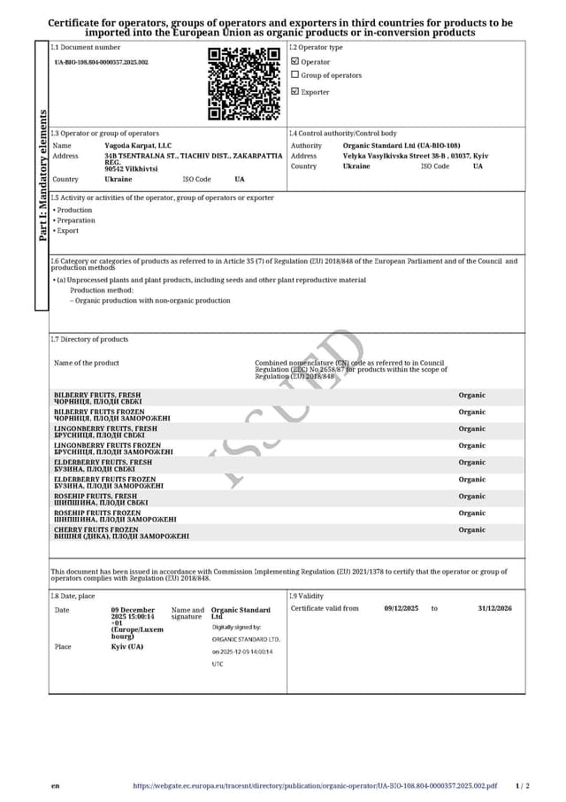 Organic Standard certificate